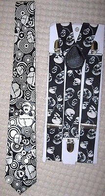 Unisex Skulls Design Neck Tie,& Wide 1 1/2" Multi Skulls Suspenders Combo-New!