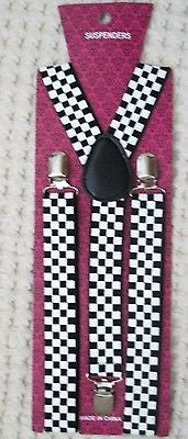 Unisex Black Large White Checkered Adjustable Y-Back Style suspenders-New! V3