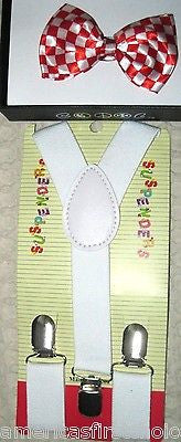 Kids Boys Girls Red White Checkers Adjustable Bow Tie & White Y-Back suspenders