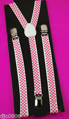 Unisex Thin 3/4" Black w/ Pink Polka Dots Adjustable YStyle Back suspenders-New