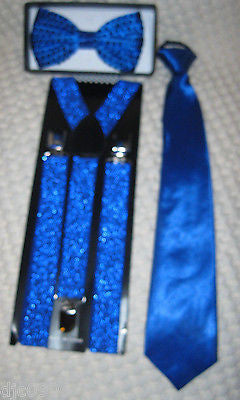 Blue Sequin Adjustable Bow Tie,Neck tie & Blue Glittered Suspenders Set-New !