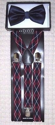 Navy Blue Mesh Adj Bow Tie & Burgundy Navy Blue Gargoyle Y-Back Adj Suspenders