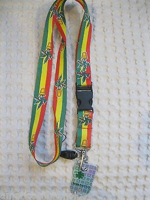 White w/ Rasta Stripes Marijuana MJ Weed Leaves 15" Lanyard ID Holder Keychain