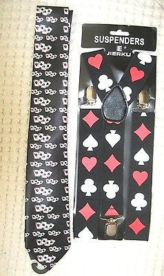 Poker Player Cards 4 Suite Adjustable Necktie and Poker 1 1/2" Suspenders-New!v9