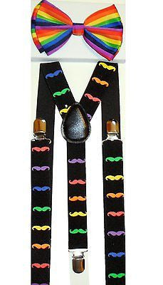 Rainbow Mustaches Adjustable Suspenders & Rainbow Gay Pride Bow Tie COMBO Set