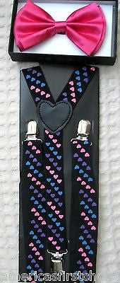 Solid Pink Adjustable Bow Tie&Pink Silver Hearts Adjustable Suspenders Combo-New
