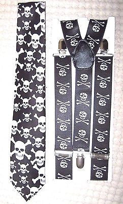 Unisex Dancing Skeleton Neck Tie& Wide Skeleton w/ Guitar Suspenders Combo-New!