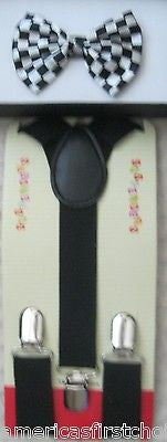 Kids Boys Girls Musical Notes Adjustable Bow Tie & White Y-Back suspenders-New!