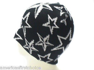 White Stars on Black Winter Knitted Skull Beanie Ski Cap -New with Tags!