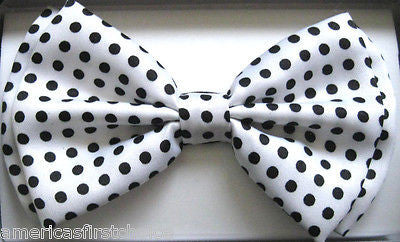 WHITE W/ BLACK POLKA DOT TUXEDO BOW TIE+WHITE W/ BLACK POLKA DOT SUSPENDERS SET