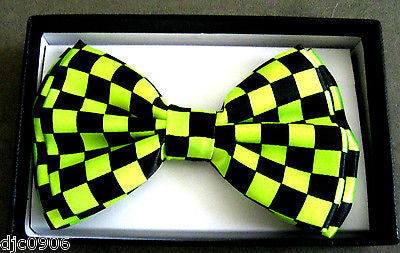 Neon Green Black Checkered Adjustable Bowtie & Neon Green Suspenders Combo-New!