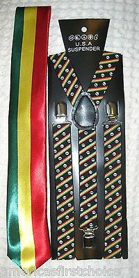 Rasta Stripes Bow Tie,Rasta NeckTie,Rasta Stripes Peace Sign Suspenders&Lanyard