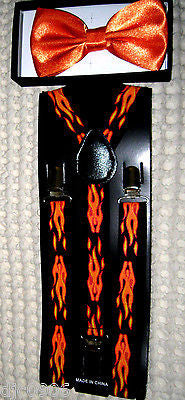 Solid ORANGE Adjustable Bow Tie & ORANGE FLAMES Adjustable Suspenders Combo-New