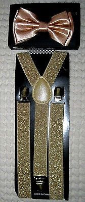 Champaign Gold Black Tips Adjustable Bow tie & Glittered Adjustable Suspenders