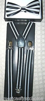 Black White Stripes Bow Tie& Black/White Stripes Adjustable Suspenders Combo-New