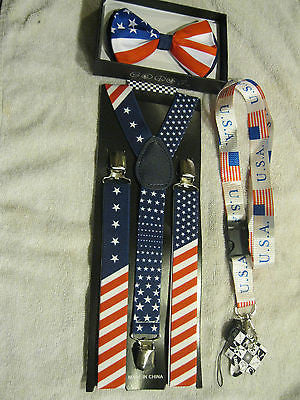 1 1/2" US Flag Patriotic Red White Blue Stripes Suspenders&matching Bow Tie-New