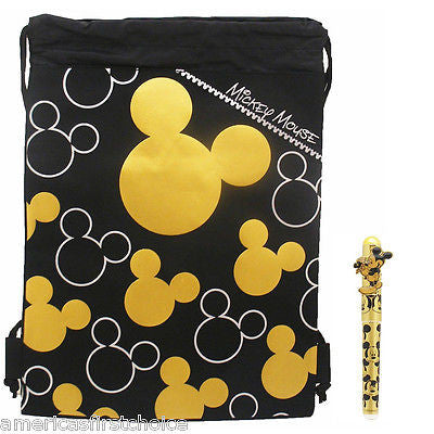 MICKEY MOUSE GOLD AND BLACK SHAPES DRAWSTRING BAG BACKPACK+MICKEY GOLD PEN COMBO