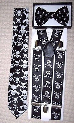Unisex Skulls&Crossbones Bow tie & Neck Tie+Skulls&Crossbones Suspenders Set-ve2