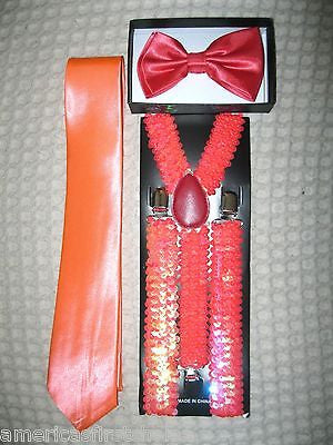 Peach Adjustable Bow Tie, Peach Neck tie &Peach Sequin Suspenders Set-New