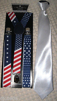 US Flag American Flag Suspenders and Solid White Pre-Tie NeckTie Combo Set-New!