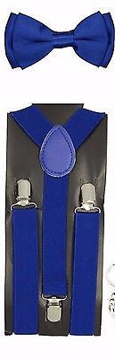 Kids Teens Blue Adjustable Bow Tie & Blue Adjustable Suspenders Combo Set-New!v3