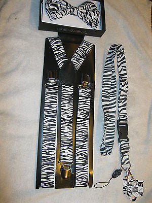Unisex Black White Zebra Print Suspenders,Lanyard&matching Bowtie Bow Tie-New!