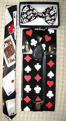 Poker Player Cards 4 Suite Bow Tie,Poker 1 1/2" Suspenders,Poker Neck Tie-New!v3