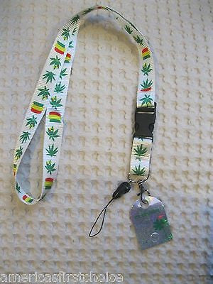 White w/ Rasta Stripes Marijuana MJ Weed Leaves 15" Lanyard ID Holder Keychain