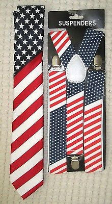 US Flag American Flag 1 1/2" Adjustable Suspenders&US Patriotic Flag Neck Tie-v1