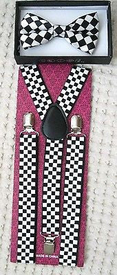 BLACK WHITE CHECKERED Adjustable Bow tie&Adjustable Y-Back Suspenders Combo-New2