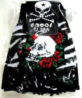 BLACK WHITE STRIPED SKULL RED ROSES KNIT FINGERLESS GLOVES WINTER WOMENS MEN