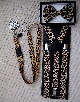 Leopard Print Unisex Adjustable Bowtie,Adjustable Suspenders & Lanyard Combo-New