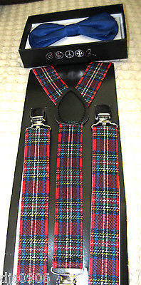 ROYAL BLUE TUXEDO ADJUSTABLE BOWTIE+RED BLUE PLAID ADJUSTABLE SUSPENDERS COMBO!!