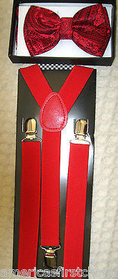 Red Paisley Tuxedo Bow Tie & Red Paisley Adjustable Suspenders Combo Set-New