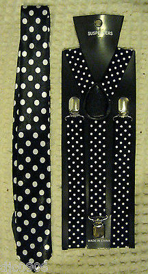 Black White Polka Dot Neck Tie& White Polka Dot Adjustable Y-Back Suspenders