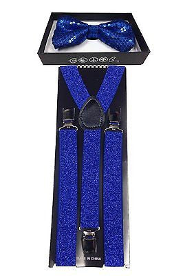 Blue Sequin Adjustable Bow Tie & Blue Sequin Adjustable Suspenders Set-New!