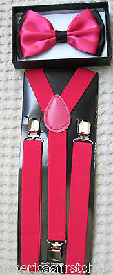 PINK BLACK END TIPS TUXEDO ADJUSTABLE BOW TIE+BLACK PINK CHECKERS SUSPENDERS SET