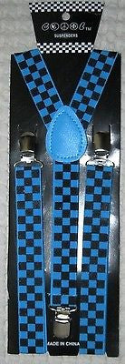 Unisex French Blue Sky blue Checker Checkered Y-Back Adjustable Suspenders-New!