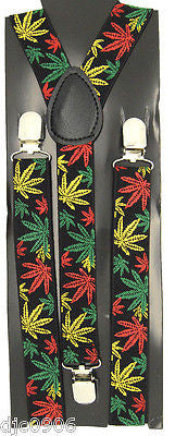 Multi Color MJ Weed Marijuana Leaves Y-Style Back Suspenders-New in Package!