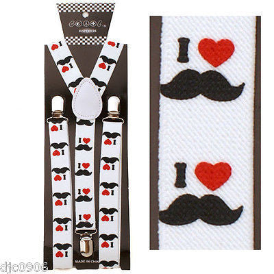 I Love my Mustaches Red Hearts White Adjustable Suspenders-Mustache Suspenders