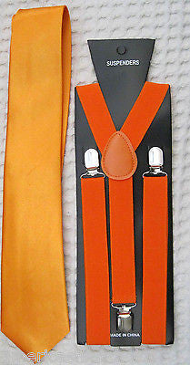 Bright Neon Orange Neck Tie & Bright Orange Adjustable Y-Back Suspenders-New!V2
