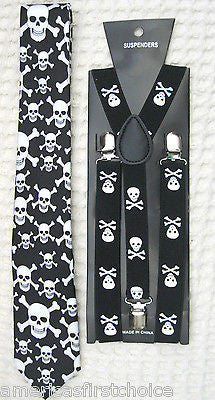 Unisex Small Skulls Crossbones Bow tie, Skulls Neck Tie,& Suspenders Combo Set