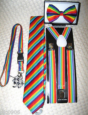 Rainbow Swirl Unisex Adjustable Bow tie,Neck Tie,Suspenders & Lanyard Combo-New