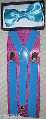 Solid Aqua Light Blue Bow Tie & Solid Blue Adjustable Suspenders Combo-New!!