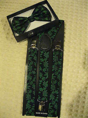 Marijuana Leave Design Adjustable Bowtie & Weed Adjustable Suspenders Combo-New!