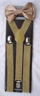 Champaign Beige Adjustable Bow tie & Glittered Adjustable Suspenders Combo Set