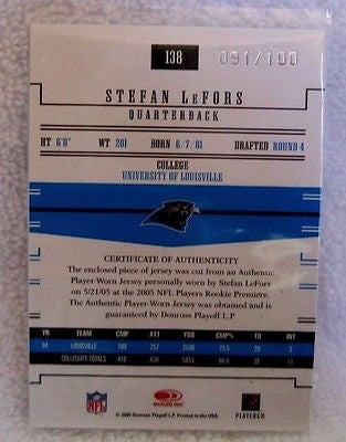 Stefan Lefors RC 2005 Donruss Gridiron Gear Large Black Patch #29/150-Panthers