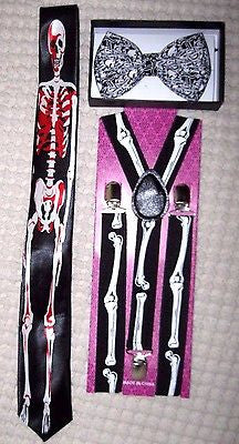 Unisex Small Skulls Adjustable Bow tie & Skeleton Bones Adjustable Suspenders