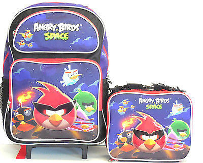 Angry Birds Space Large School Rolling Backpack 16" With Insulated Lunch Box!