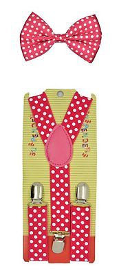 Kids Boys Pink Polka Dots Adjustable Bow Tie + Y-Back Adjustable suspenders
